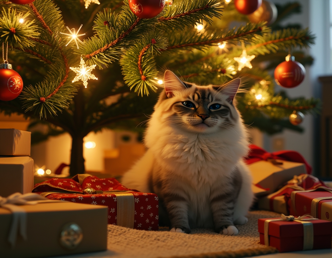 Cat sitting under a beautifully decorated Christmas tree, surrounded by twinkling lights, ornaments, and wrapped presents, with a warm, cozy glow.